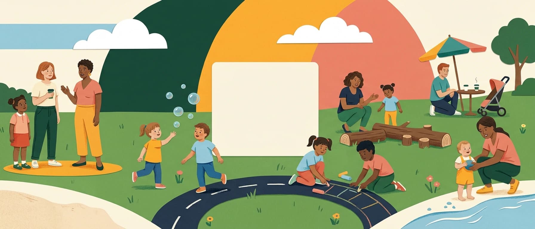 Caregivers and children choosing different ways to play together in a neighbourhood park